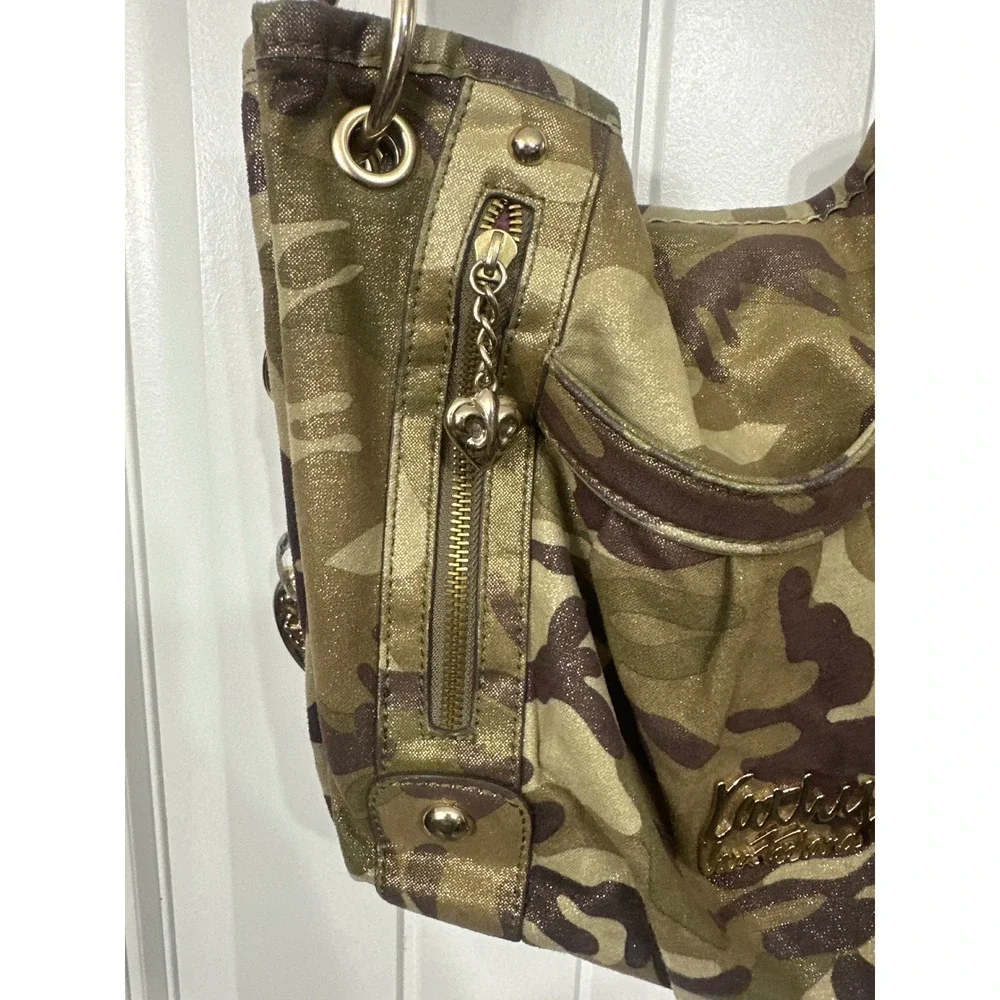 Kathy Van Zeeland Metallic Camouflage Hobo Bag Gold Green Camo Y2K Heart Charm